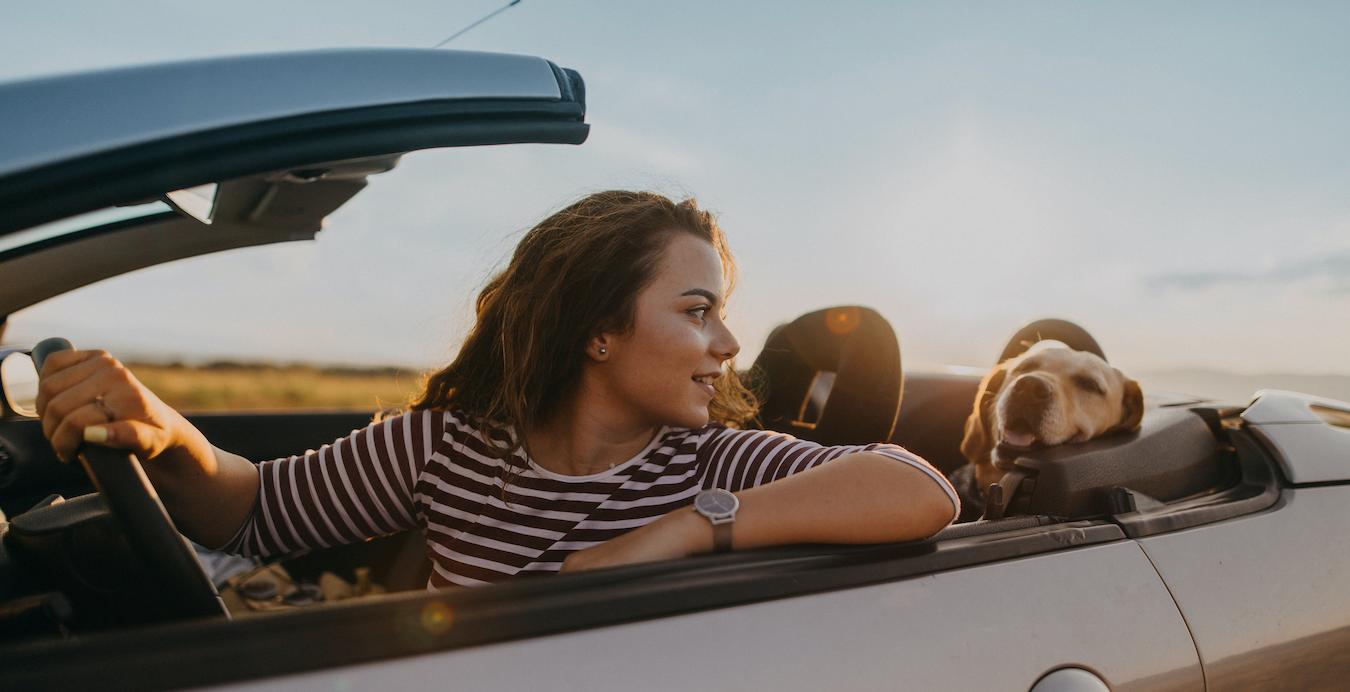 girl driving in a convertible with a dog in the backseat summer motivation stay motivated self care set clear goals