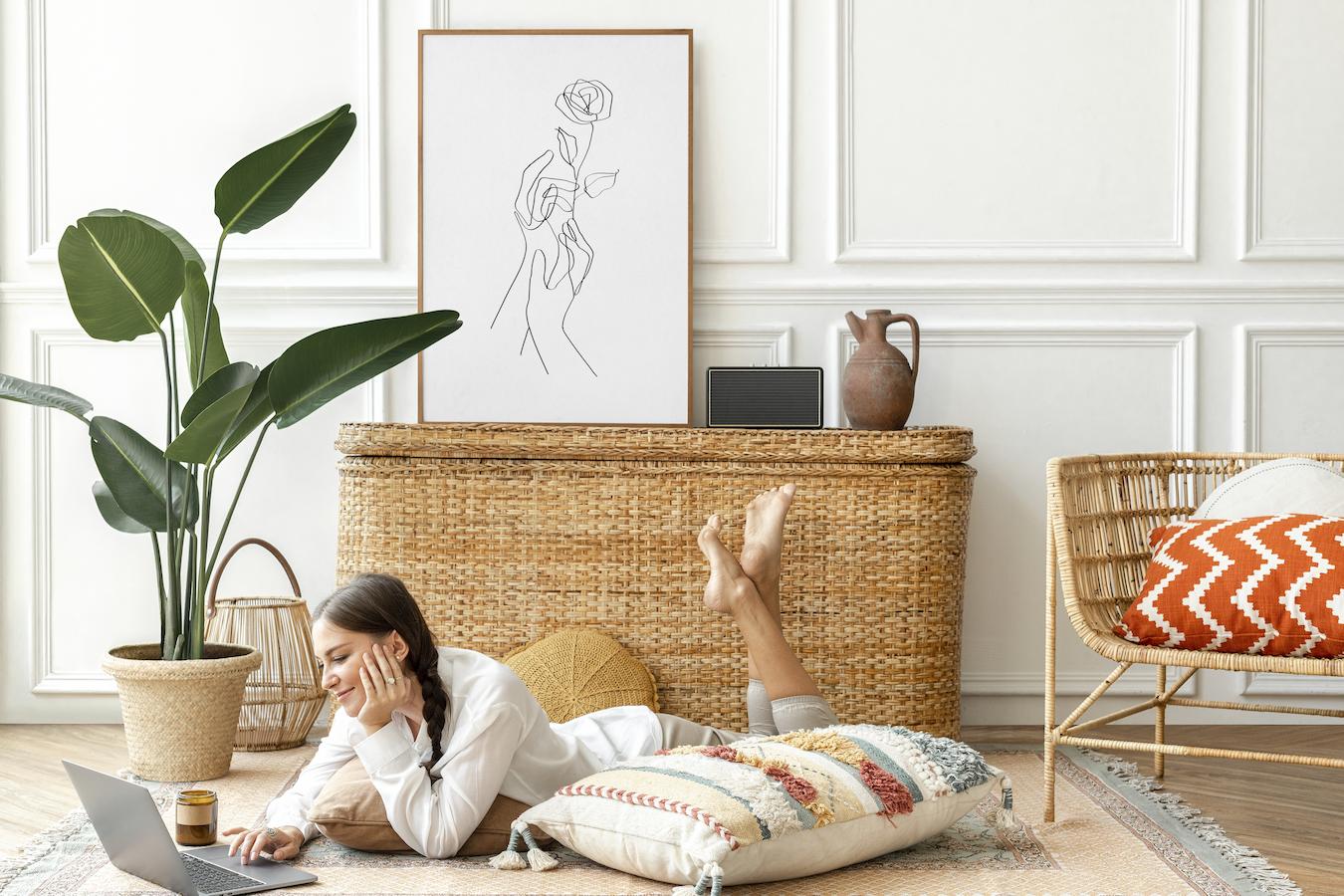 Person lies on the floor at home and works on their laptop in a sunny room