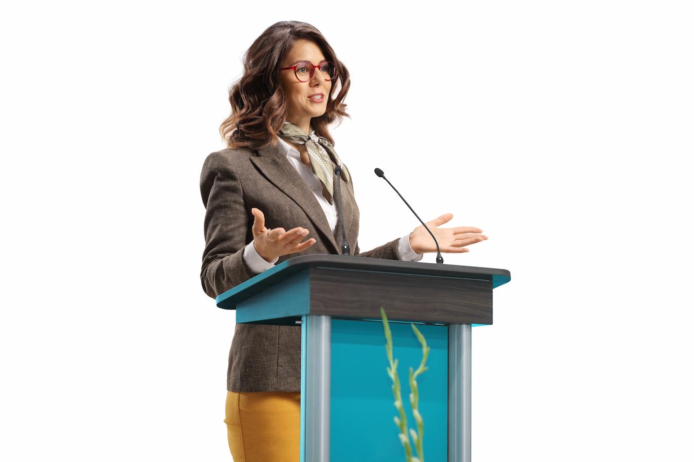 Speaker gives speech idea conference event in person at