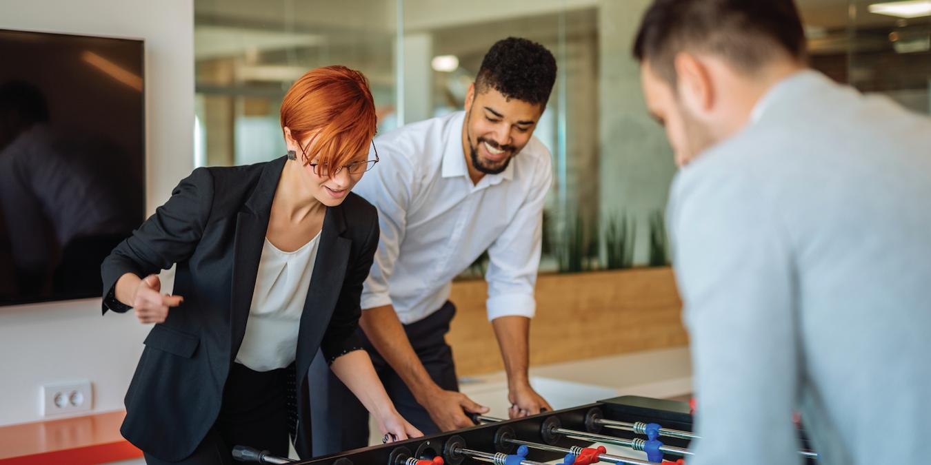 three employees at work playing a game office supplies inclusive work environment team member employees missed team spirit event planning office game a few minutes office party today's employees